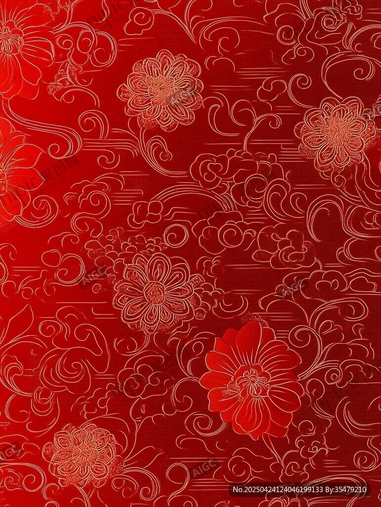 中式红底花卉云纹图案