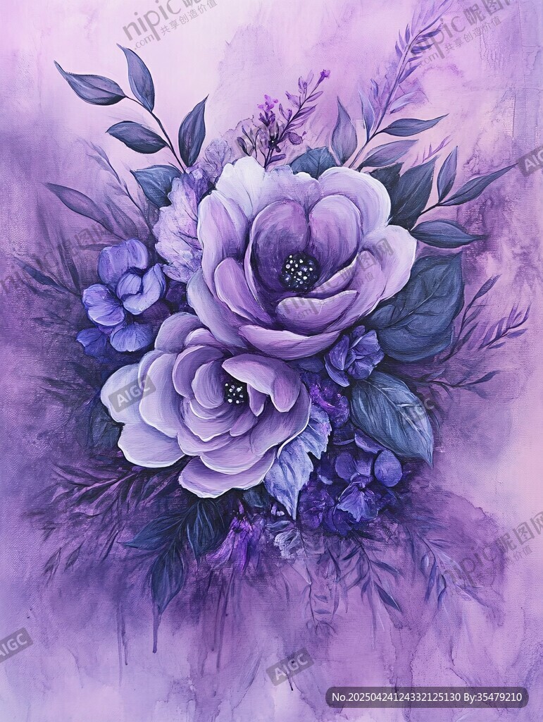 紫色花卉水彩艺术插画