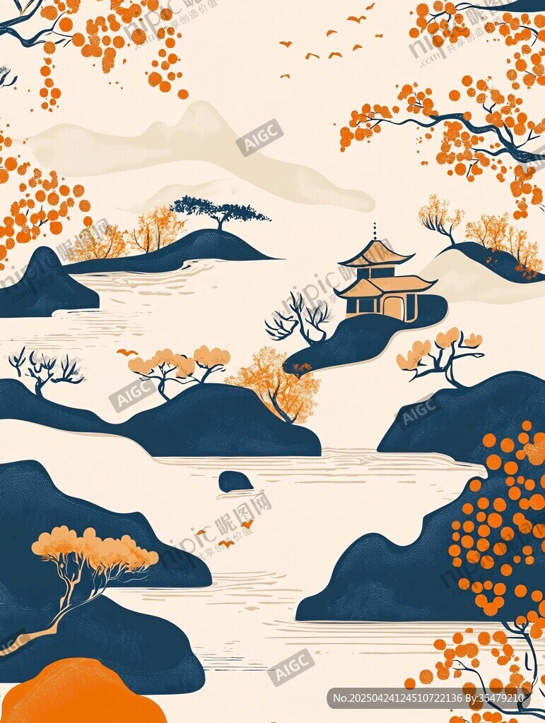 中式山水秋景古风插画