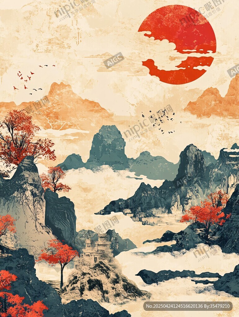 红日映山川中式美景图
