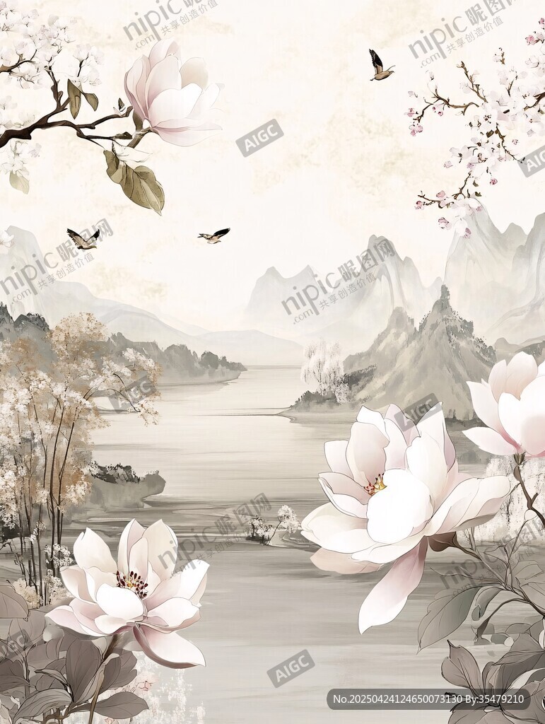 玉兰湖畔飞鸟山水图