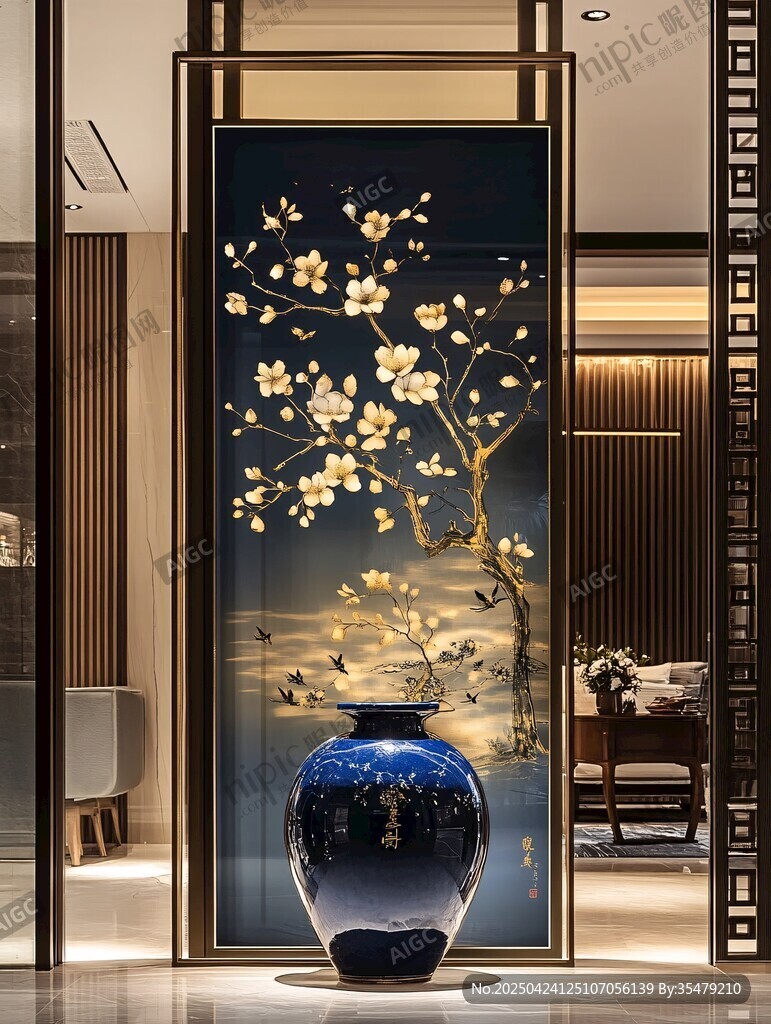中式玄关蓝瓶繁花装饰画