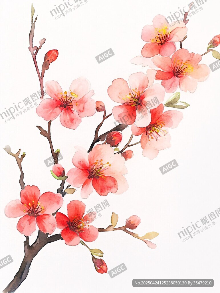 水彩绘娇艳盛开的桃花枝