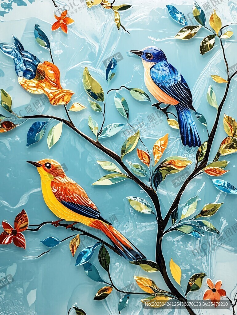 蓝底花鸟立体装饰画