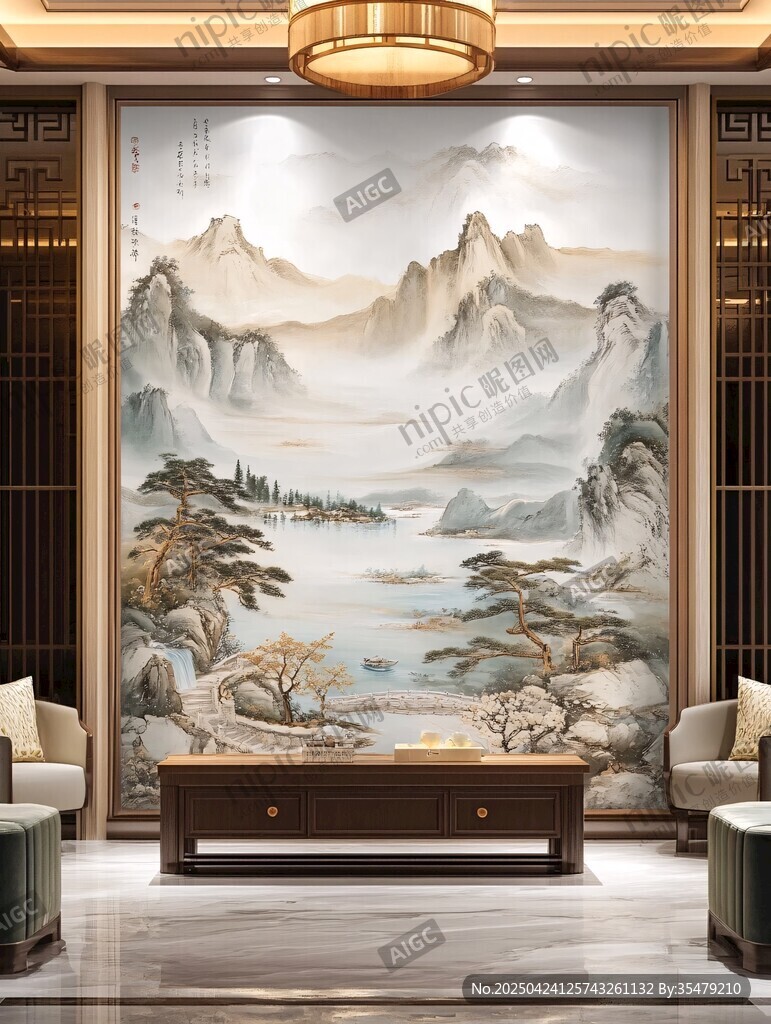 中式客厅的山水壁画景致