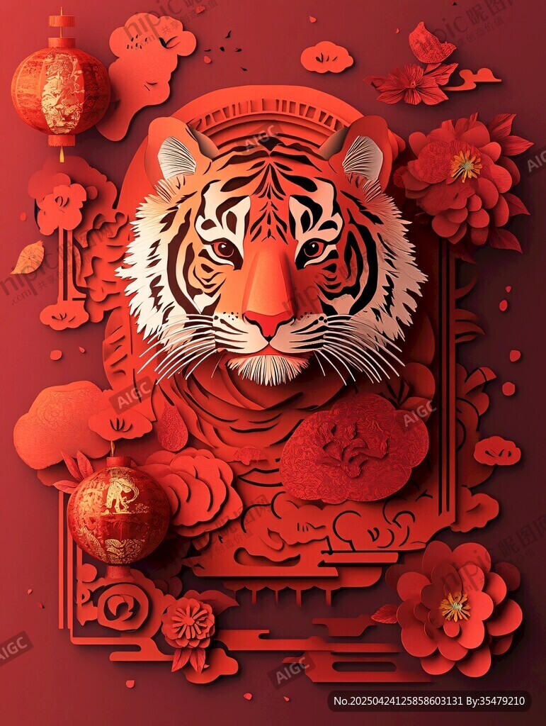 虎年剪纸风喜庆装饰图