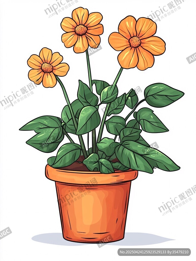 橙色盆栽花朵插画