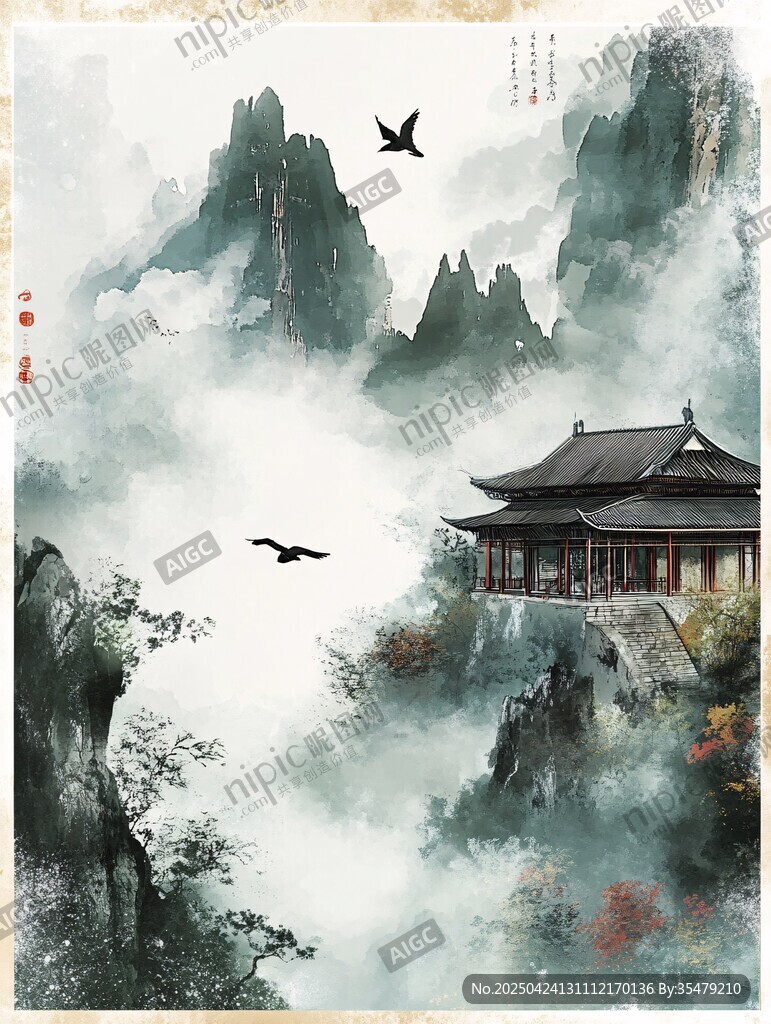 水墨山水间的古韵楼阁
