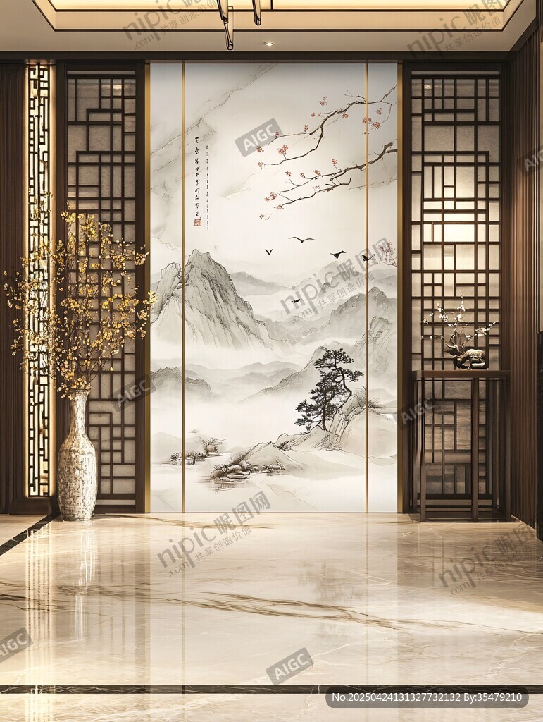 中式山水玄关背景墙设计