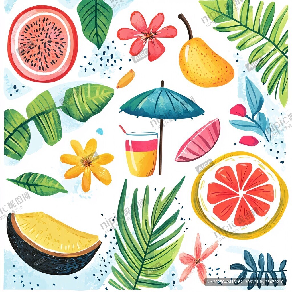 夏日缤纷水果花卉插画