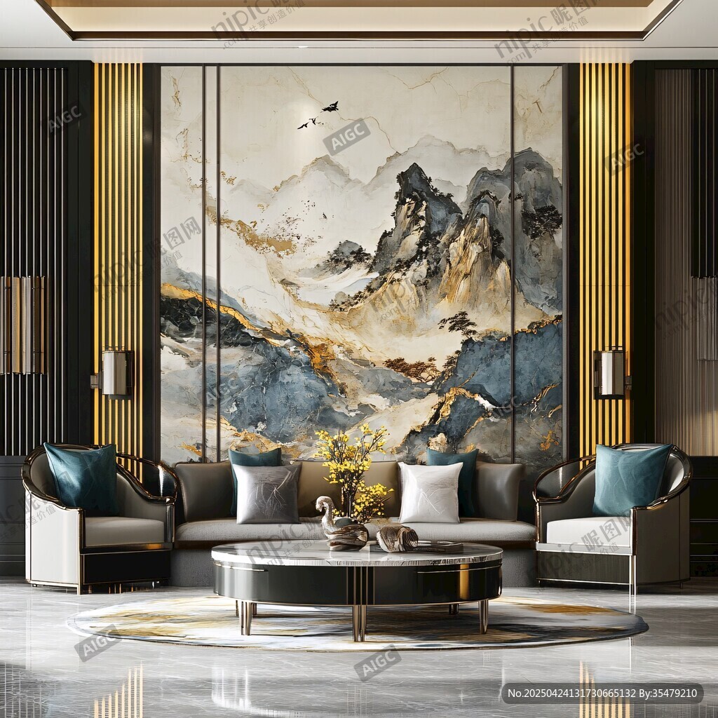 中式客厅山水壁画雅致风