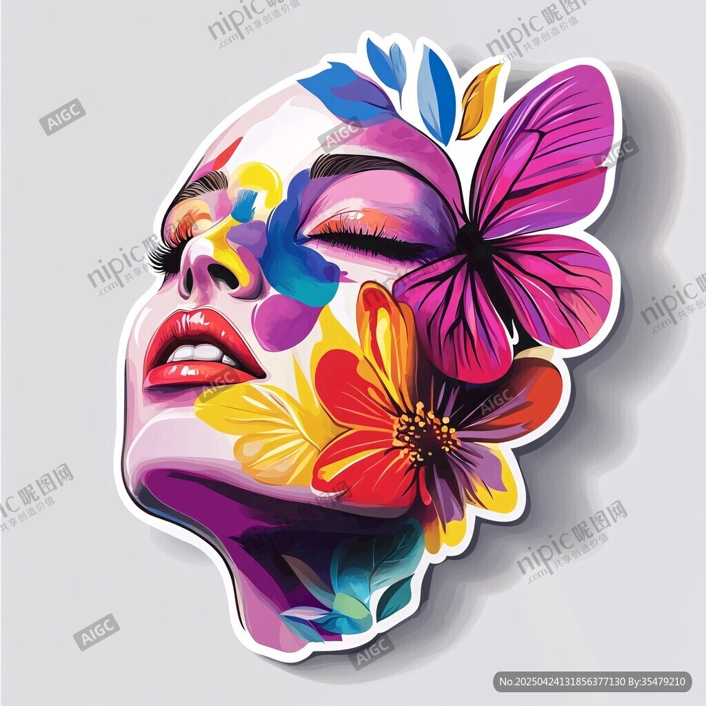 梦幻花卉蝴蝶女性头像贴纸