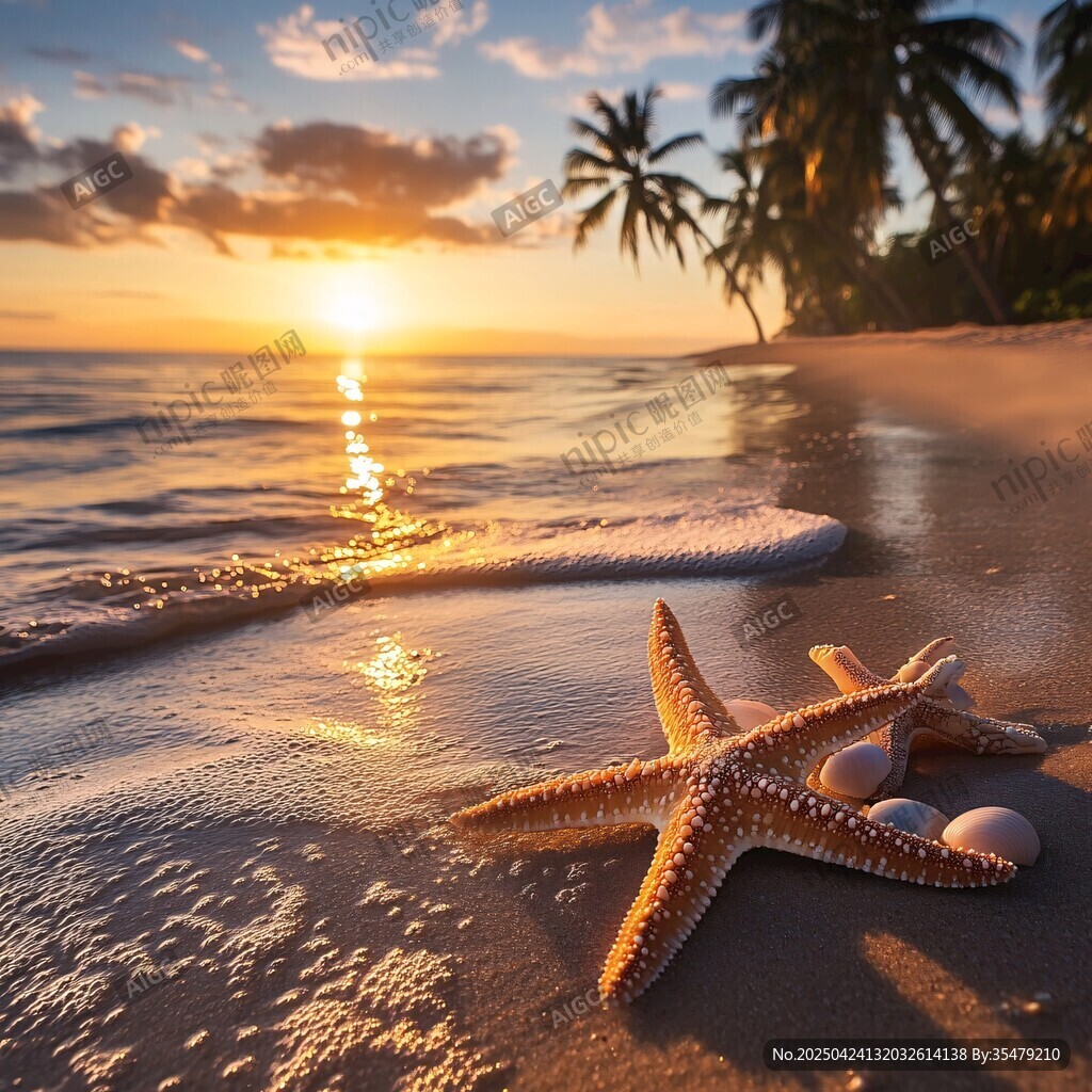 夕阳下海滩上的海星与贝壳