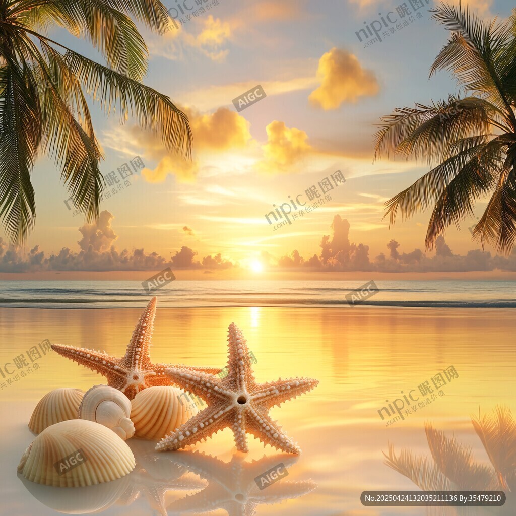 海边日落 海星与贝壳的美景