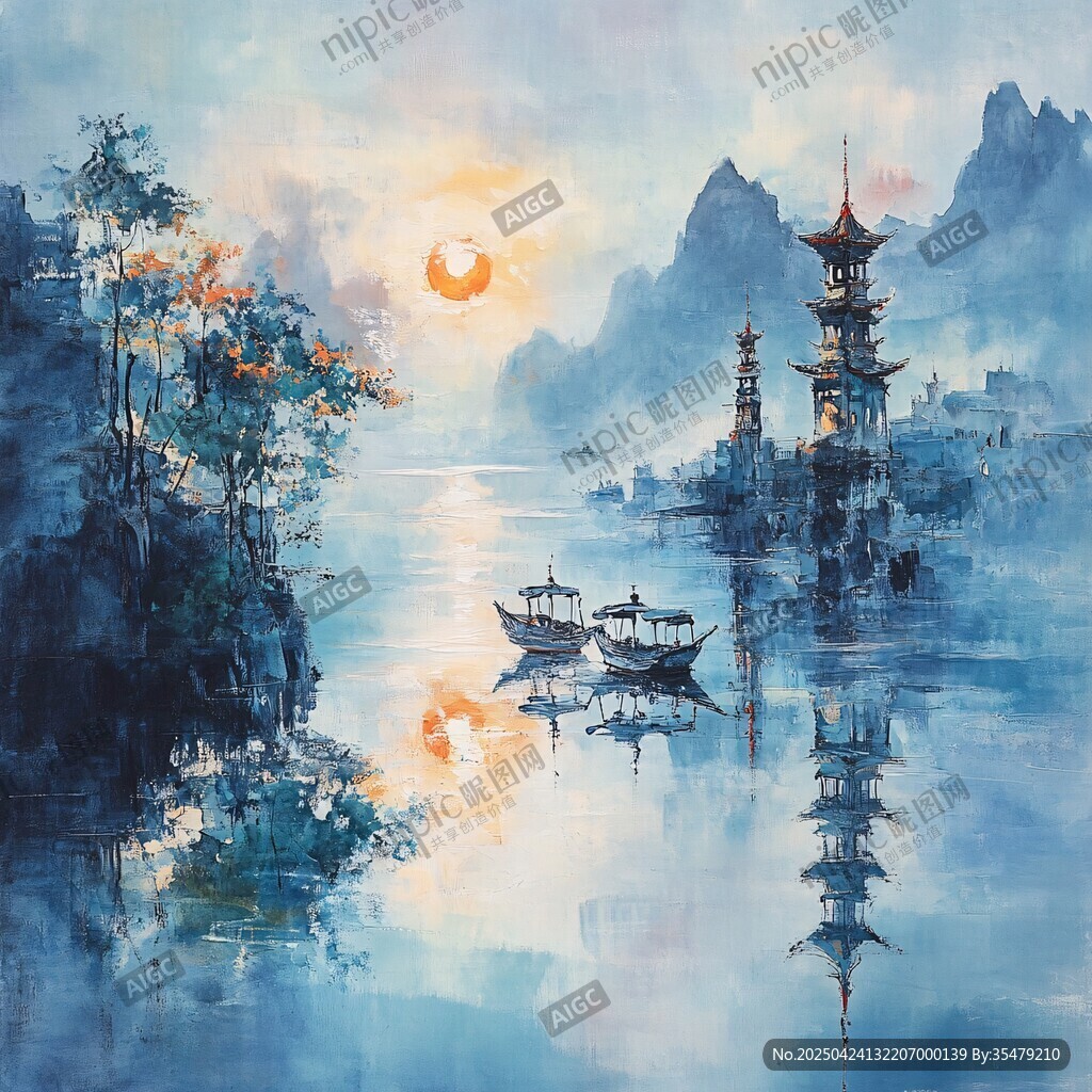水墨山水间的古韵江景