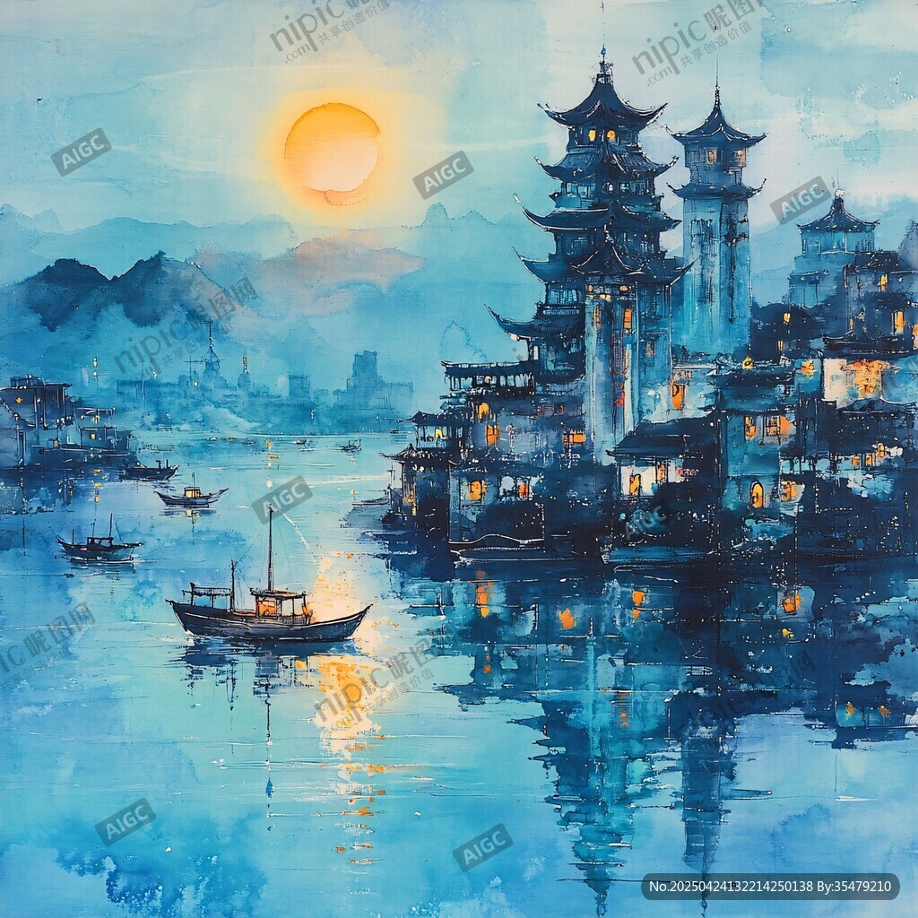 水乡落日下的古韵建筑