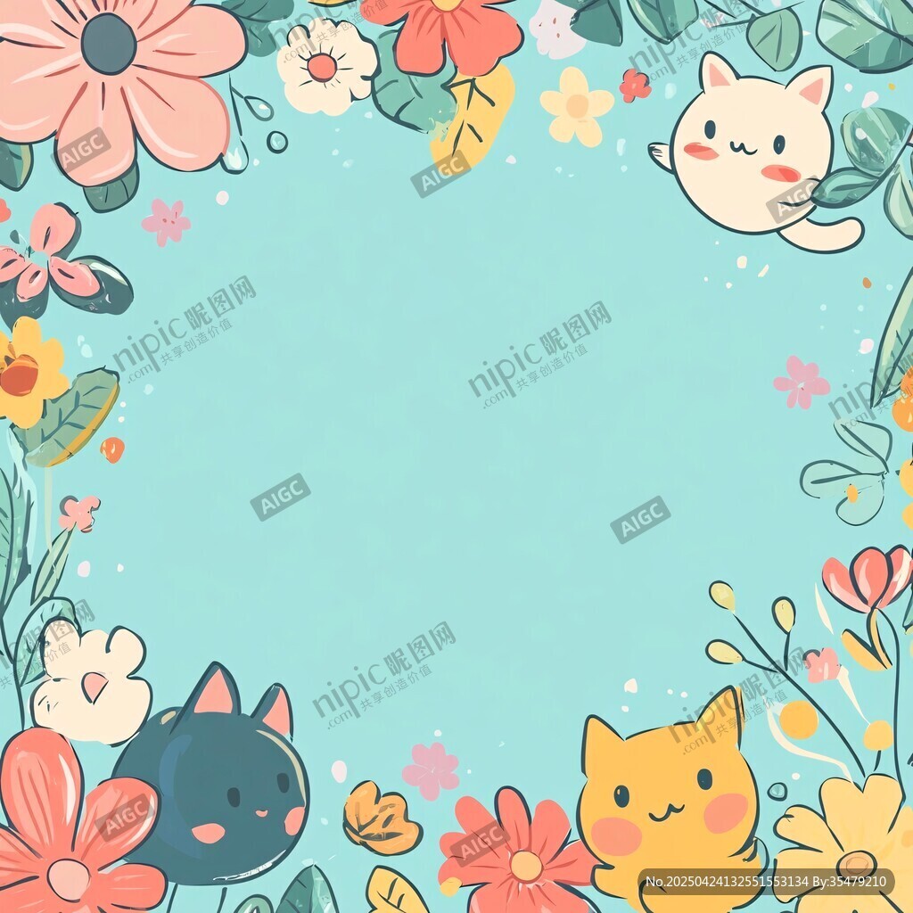 猫咪与花卉的梦幻边框