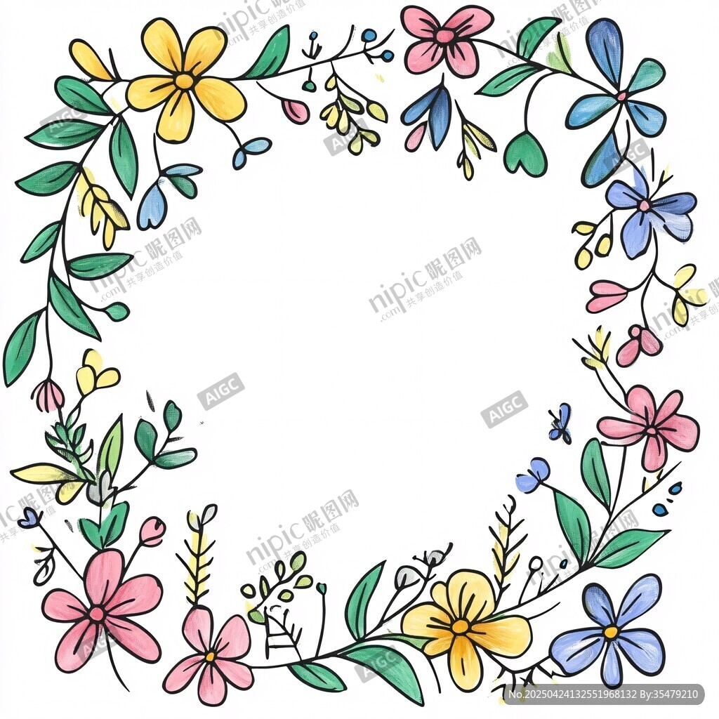 手绘多彩花卉花环边框