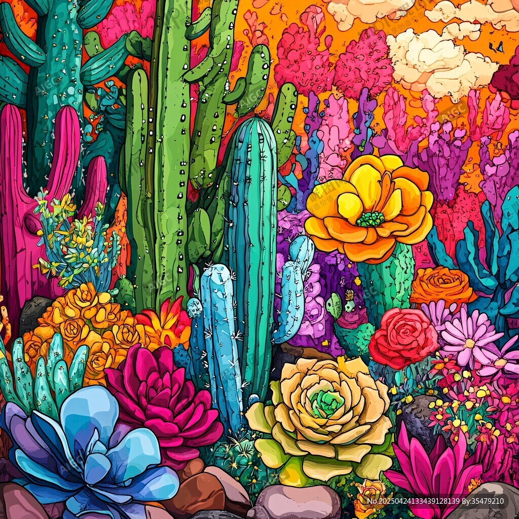 多彩仙人掌与花卉梦幻景观