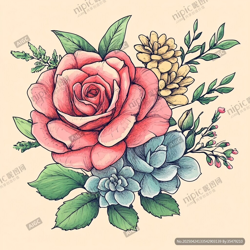 手绘多彩花卉插画