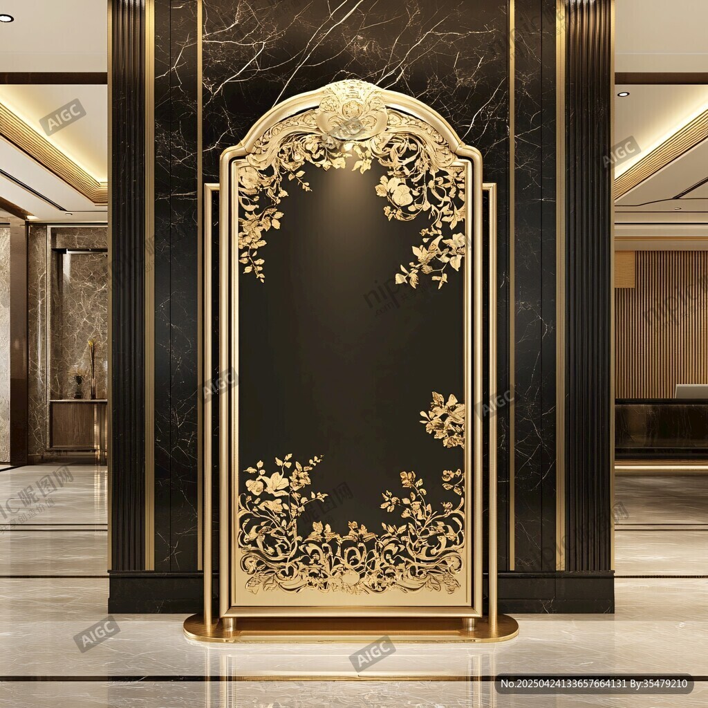奢华黑金雕花中式屏风