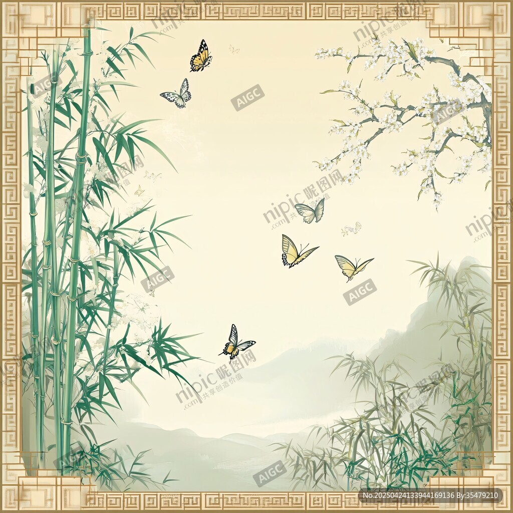 竹蝶雅韵中式山水图景