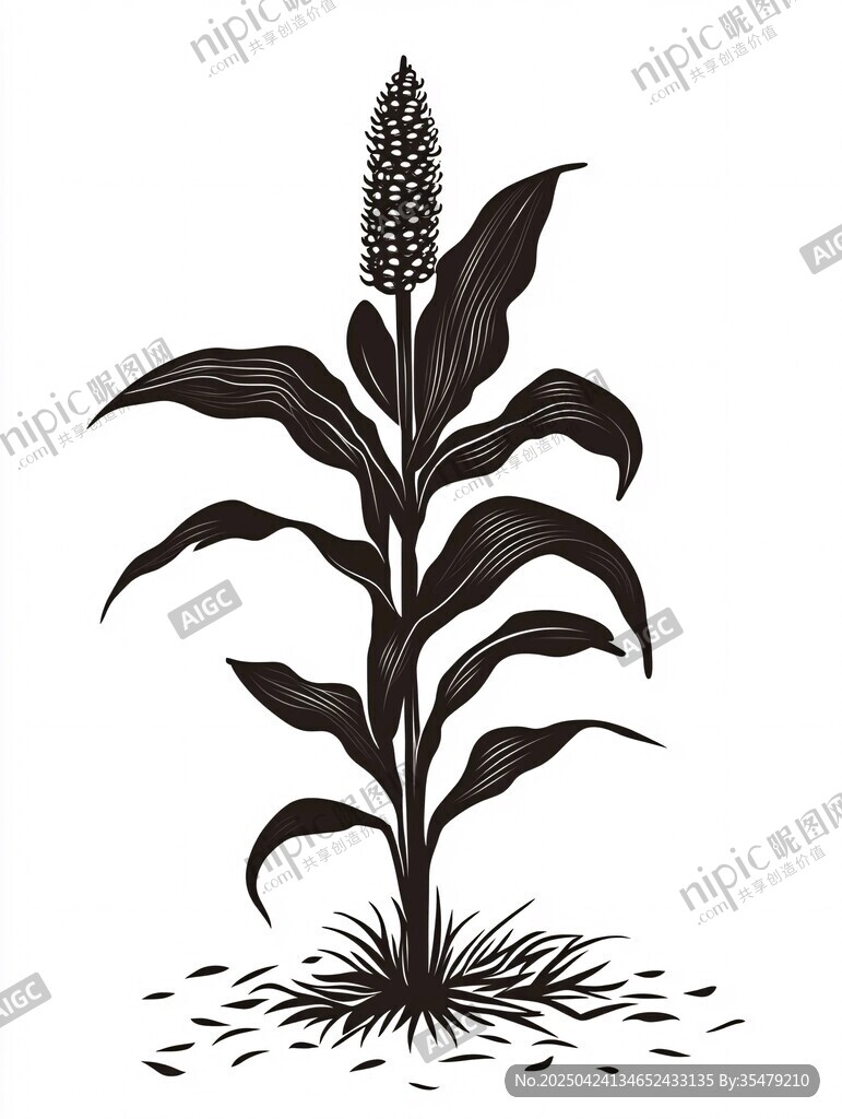 手绘黑白色的玉米植株图