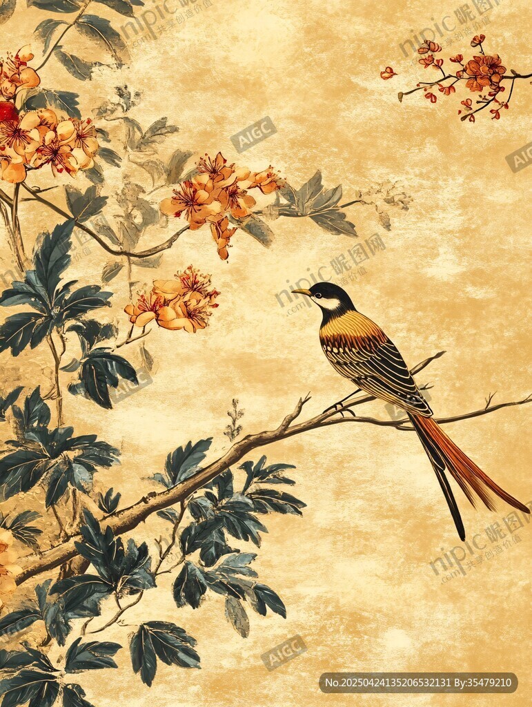 花鸟图中栖鸟姿态优雅