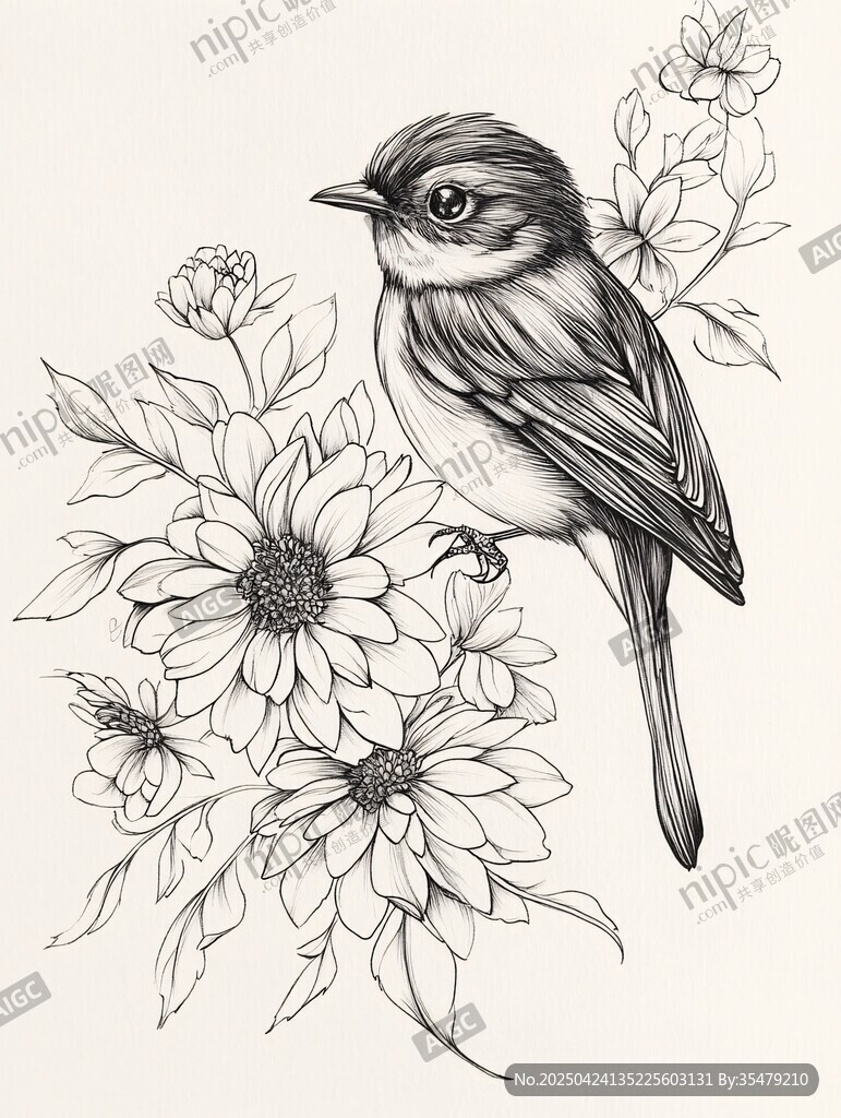 小鸟栖于繁花间黑白插画