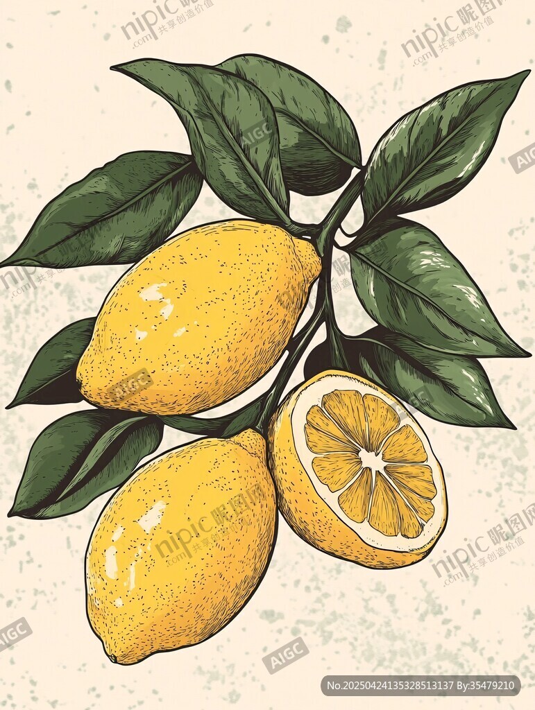 手绘柠檬枝叶插画