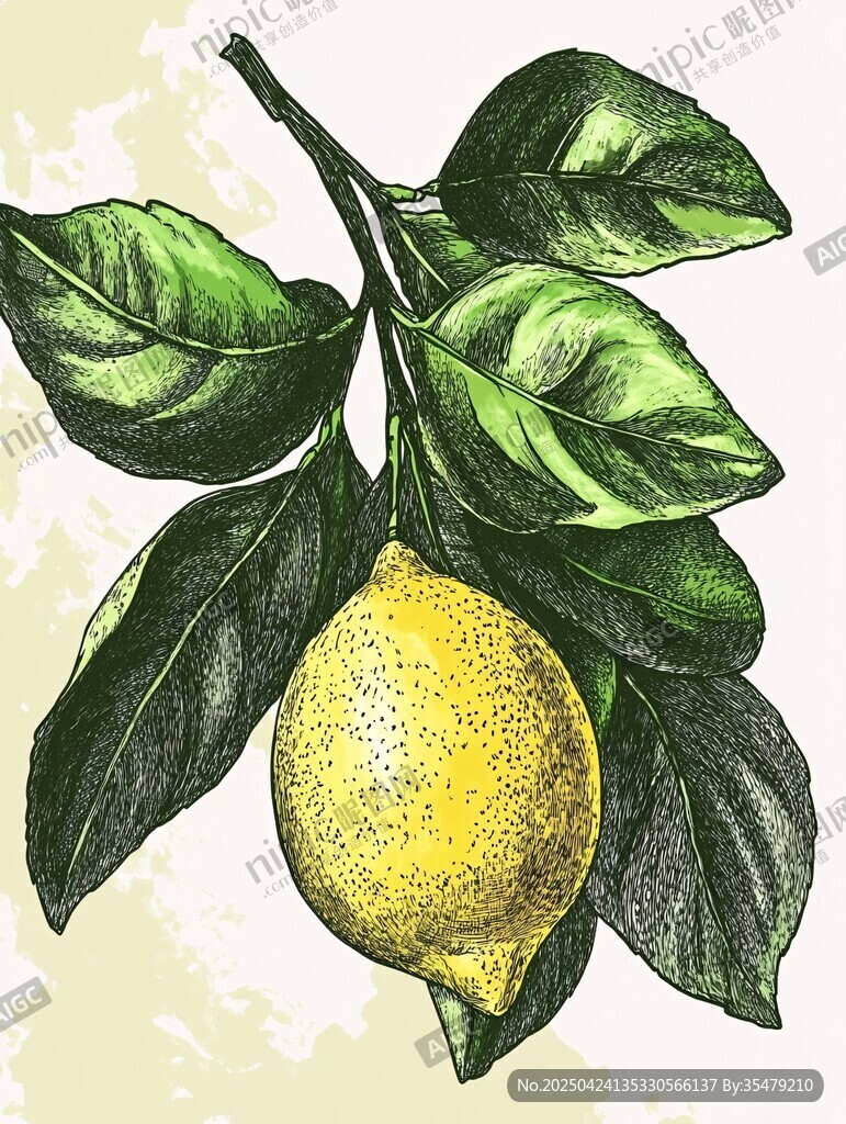 手绘柠檬枝叶插画