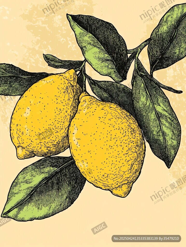 手绘柠檬枝叶插画