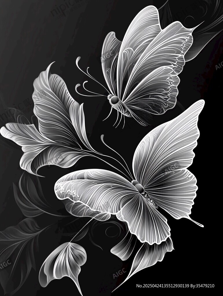 黑白蝴蝶与花叶艺术插画