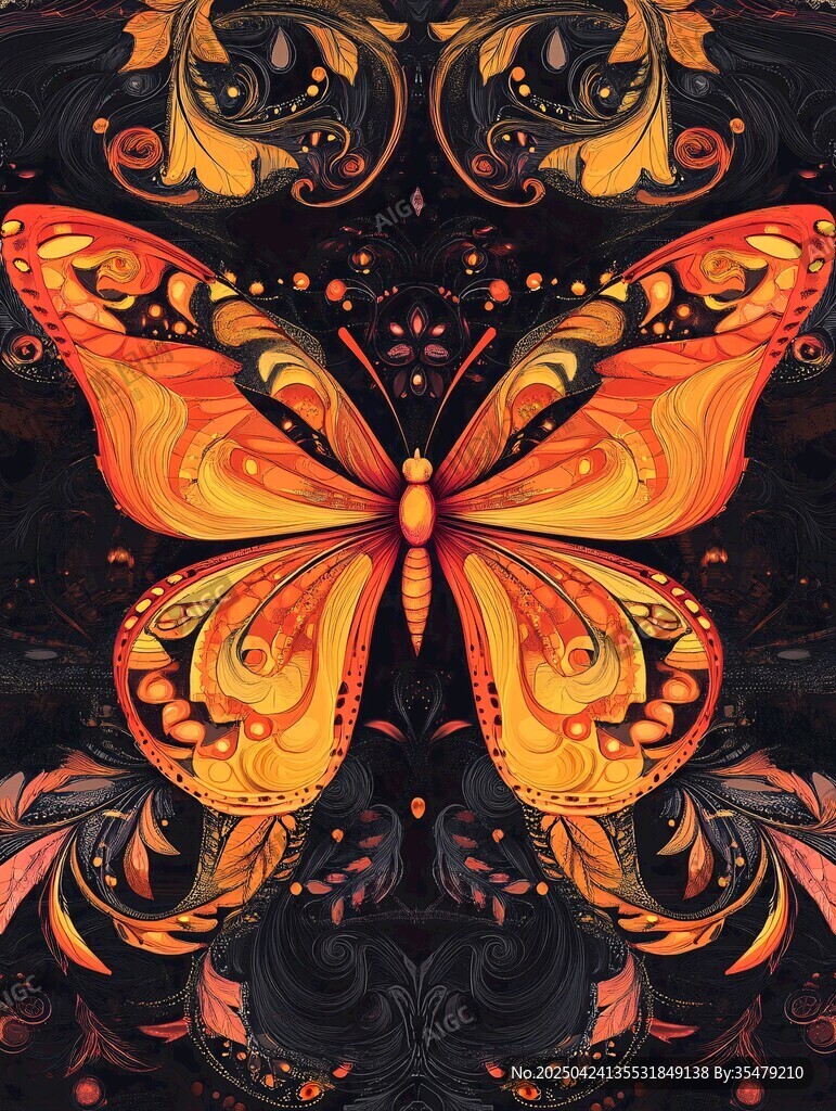 梦幻橙蝶与神秘花纹图案