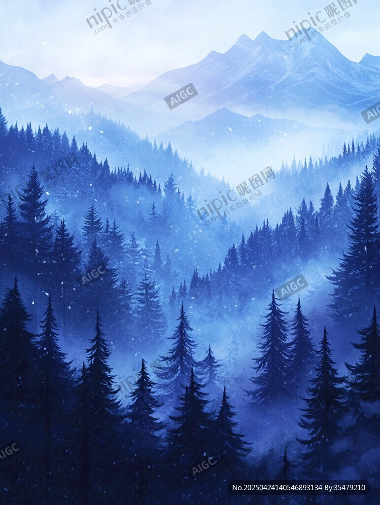 梦幻蓝调山林雪景图