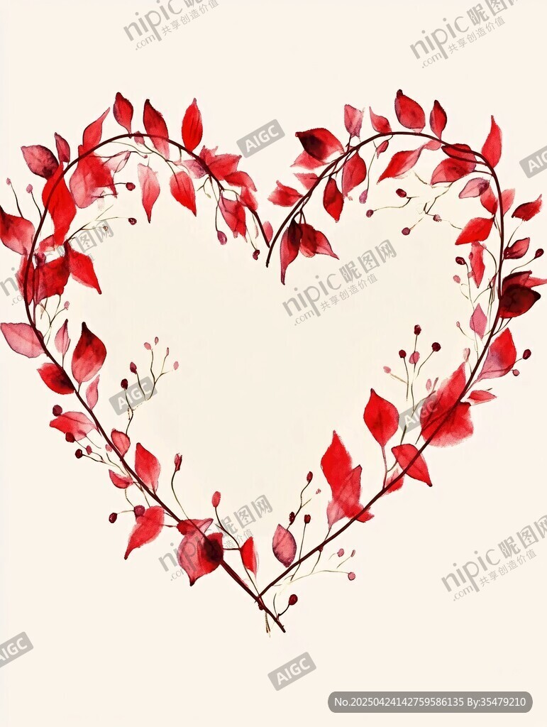 心形红叶花环水彩画