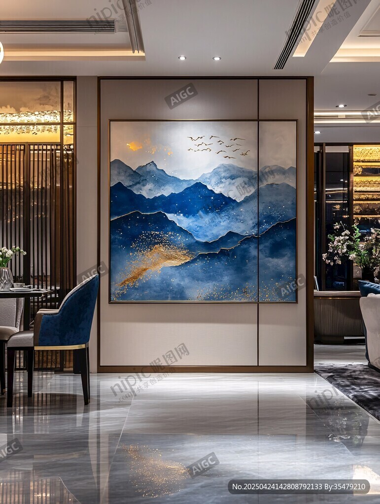 中式客厅中的山水艺术屏风