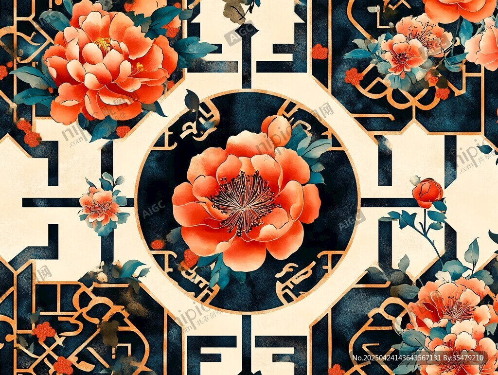 中式牡丹几何图案装饰画