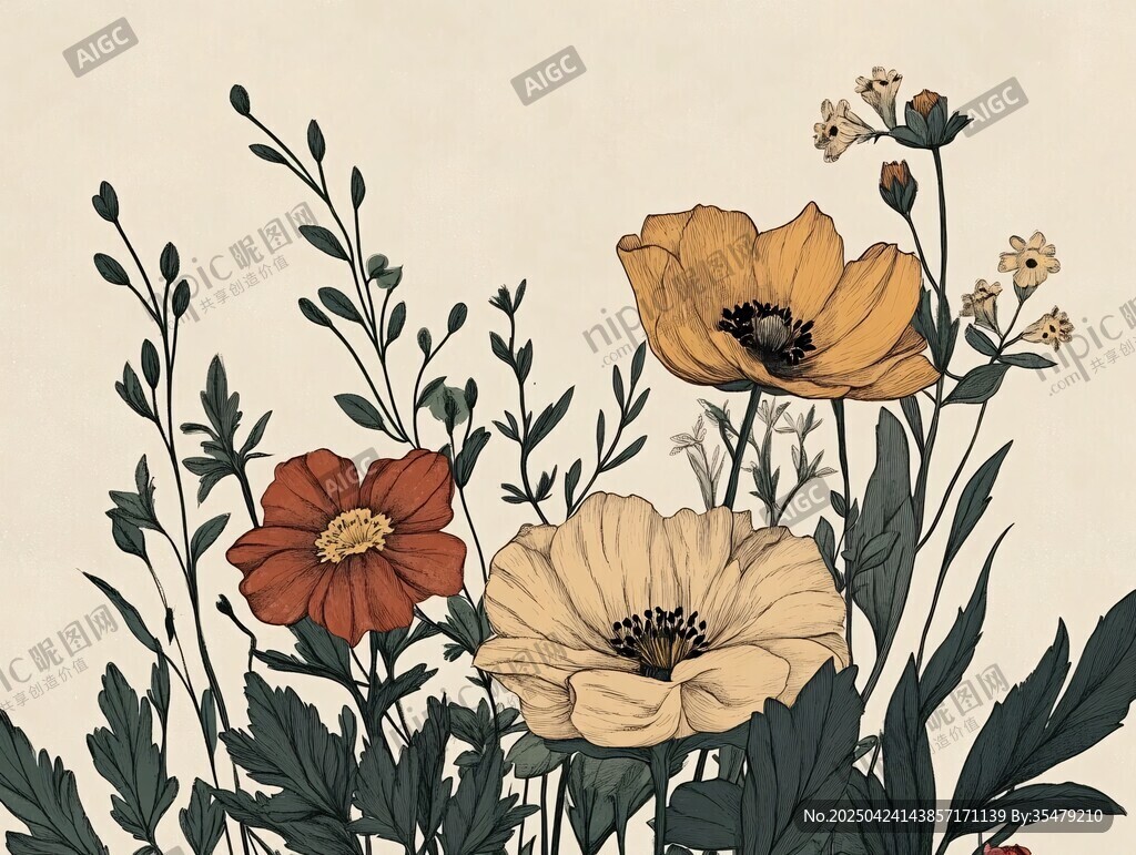 手绘花卉植物清新插画