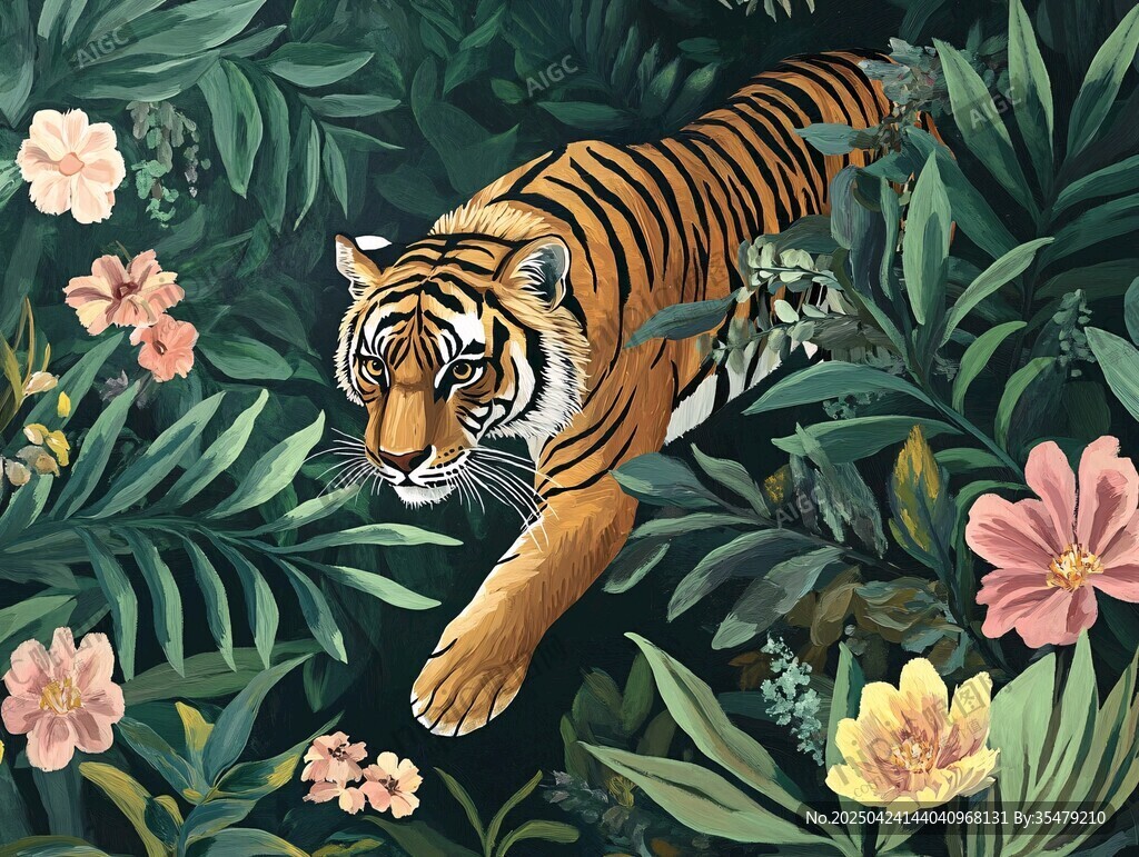 丛林猛虎穿行繁花绿叶间