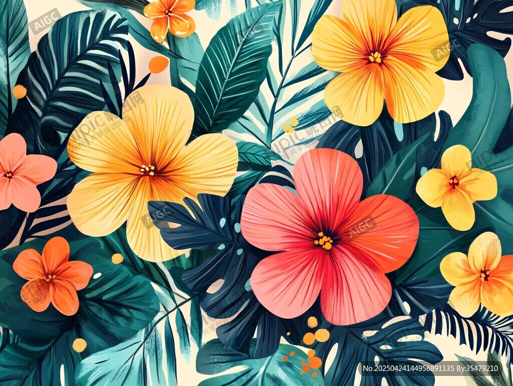 热带花卉与绿叶插画图案
