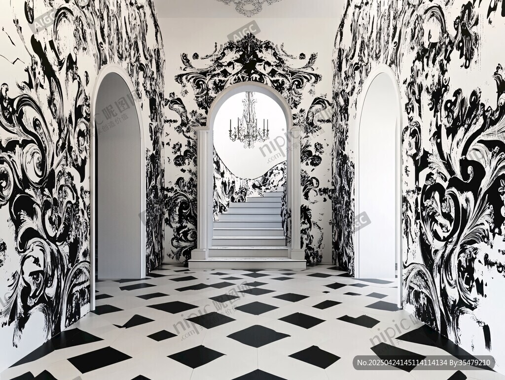 黑白奢华风的古典廊道空间