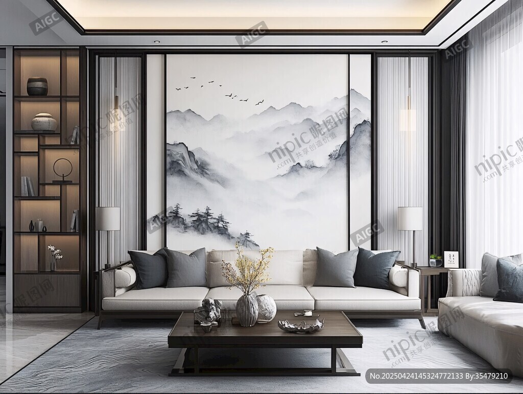 中式客厅山水壁画优雅风