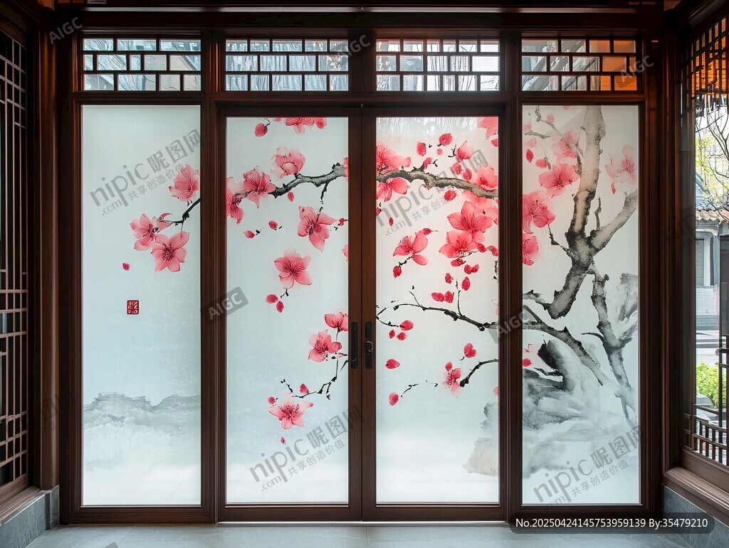 中式窗棂上的红梅雅致图景