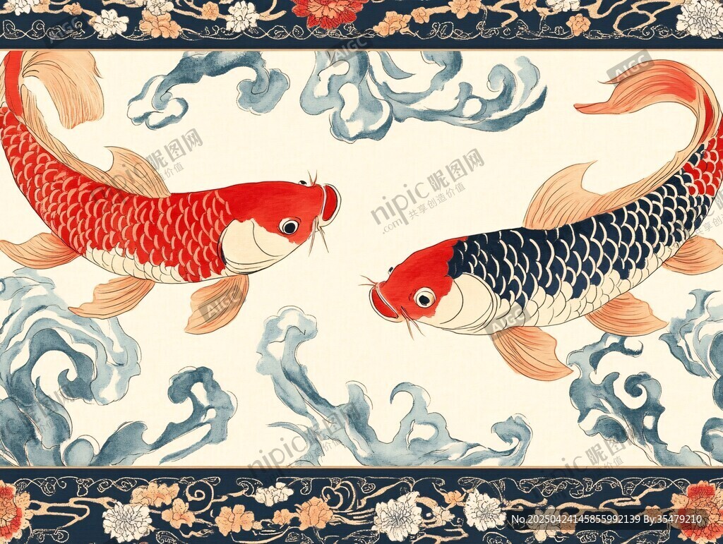 双锦鲤戏浪中式祥瑞图
