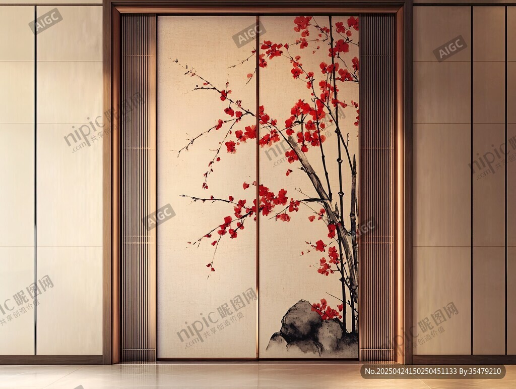 中式红梅屏风雅致之景
