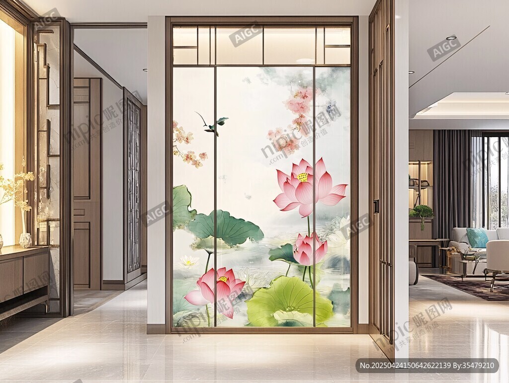 中式荷花屏风 雅致玄关景致