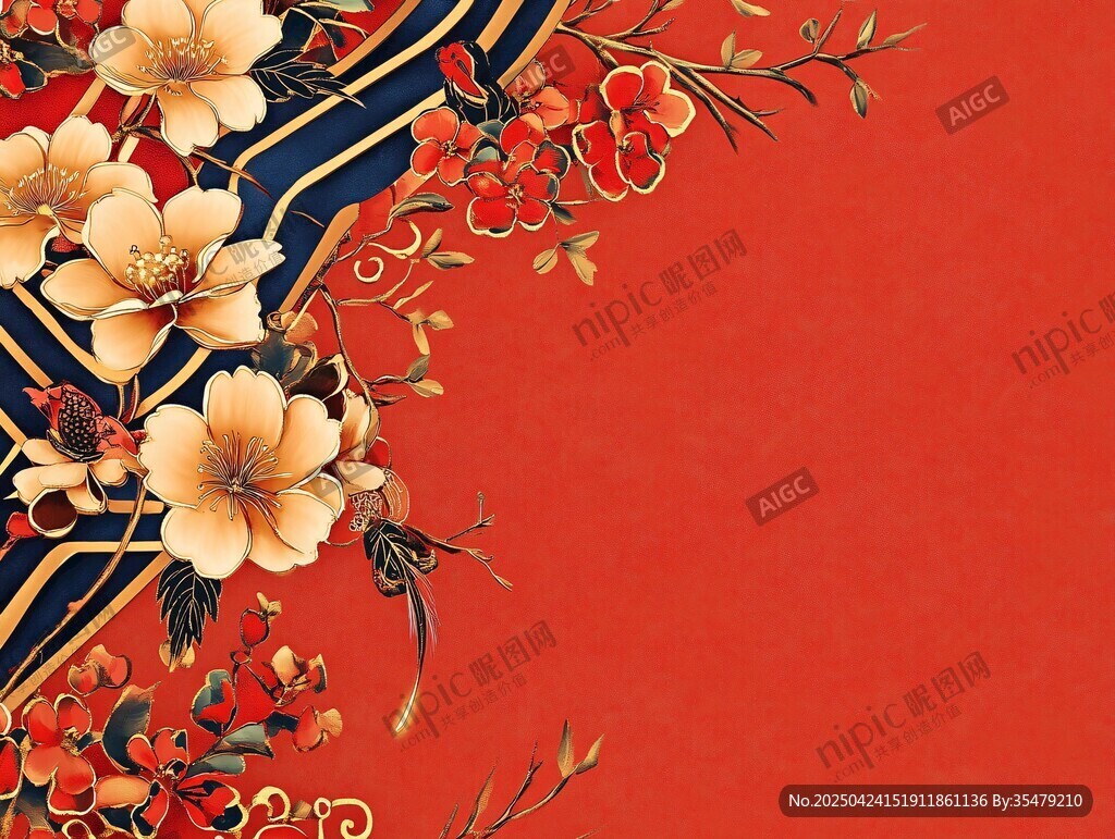 喜庆红底花卉装饰图案