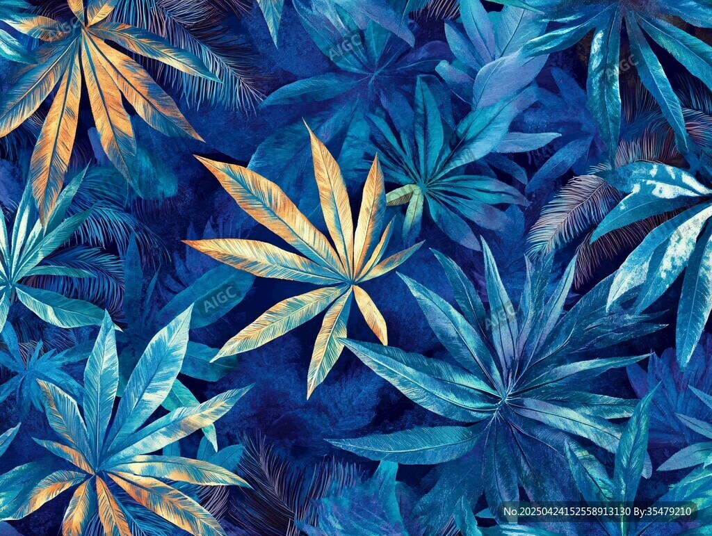 蓝调热带植物叶图案背景
