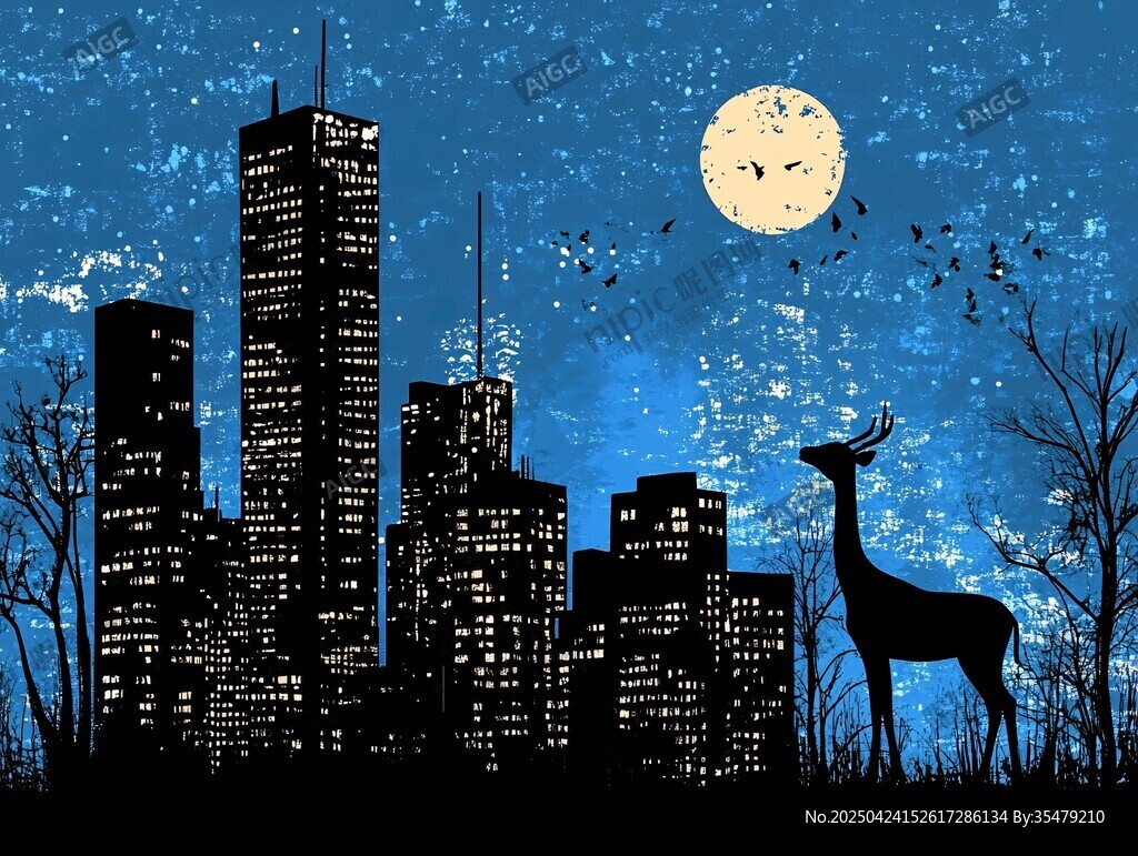 月夜下的城市与优雅小鹿